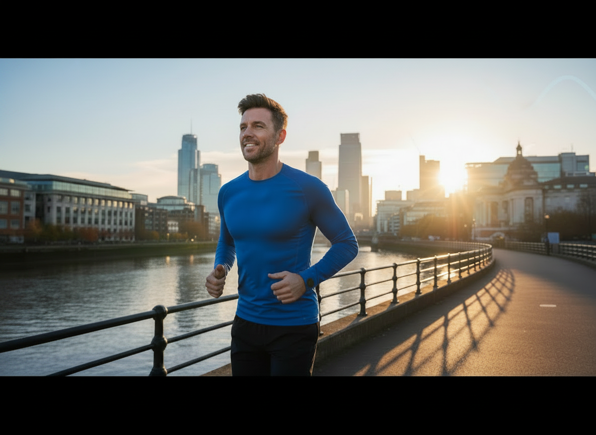 Edit the existing UK TRT Clinic cover image so everything stays the same (confident man in his 40s jogging along a riverside path with a UK city skyline in the background at sunrise, clean medical blue and white palette, no crosses, no green lines), but also remove any wave-shaped graphic or abstract overlay from the top-right or edges so the scene looks like a clean, natural photograph with no graphic waves or UI elements.